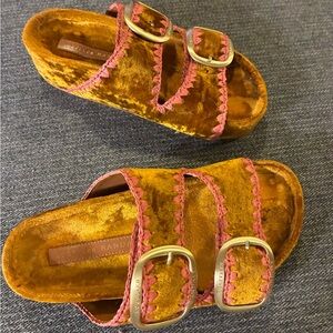 Loeffler Randall Golden Brown Velvet Slide Sandals with Pink Trim